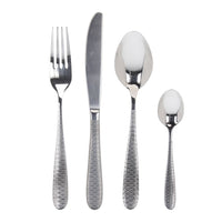 set di posate in acciaio inox composto da forchetta, coltello, cucchiaio e cucchiaino con manico decorato a motivo ricorrente grigio e nero