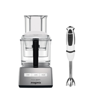 Robot da cucina grigio con contenitori trasparenti e frullatore a immersione bianco con dettagli neri.