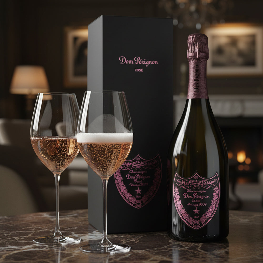 Dom Pérignon Rosé Jahrgang 2009 Champagnerflasche mit zwei Gläsern rosé Schaumwein auf Marmortisch, elegantes Interieur mit Kamin