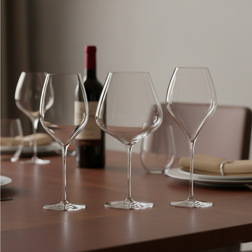 Trois calices en verre transparent à tiges fines de formes différentes sur table en bois avec bouteille de vin rouge et table dressée en arrière-plan.