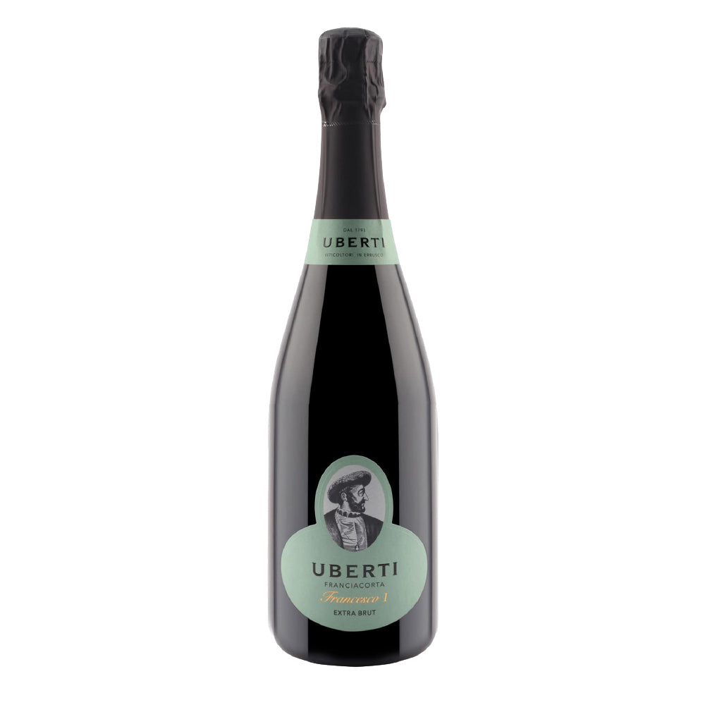 Botella de Franciacorta Extra Brut Uberti con etiquetas verde agua y retrato estilizado de hombre en blanco y negro sobre fondo blanco.