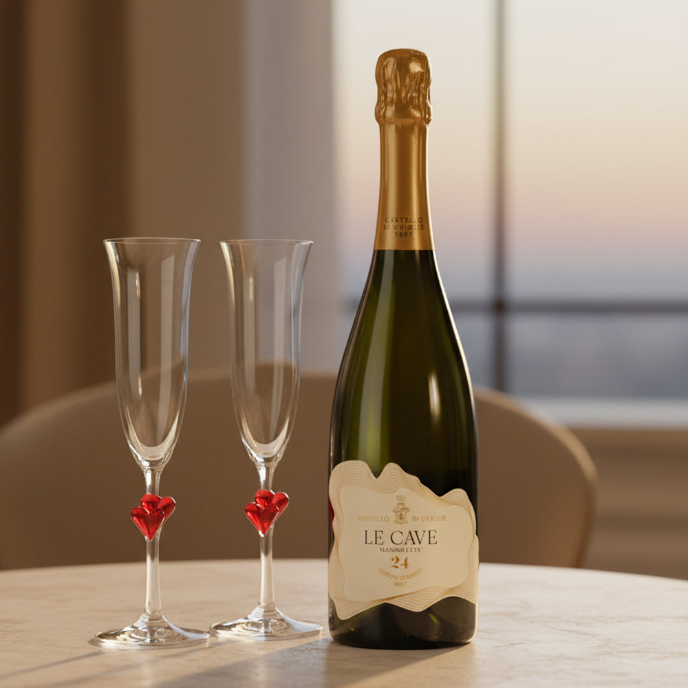 Bottiglia verde di spumante con etichetta beige e dorata "Le Cave" e due flûte trasparenti con decorazione a cuore rossa su tavolo con sfondo interno