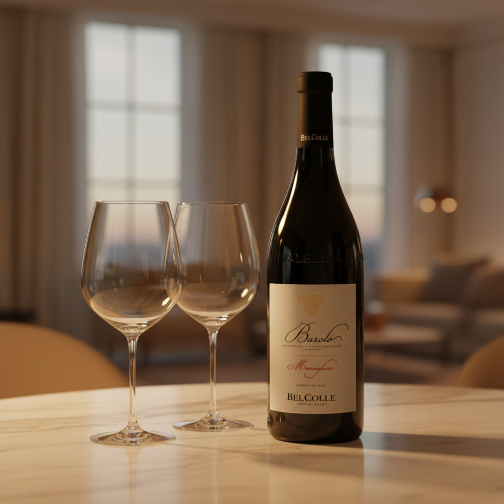 BelColle Barolo wijnfles in donker glas met beige label en twee transparante glazen kelken op licht marmeren tafel in interieur