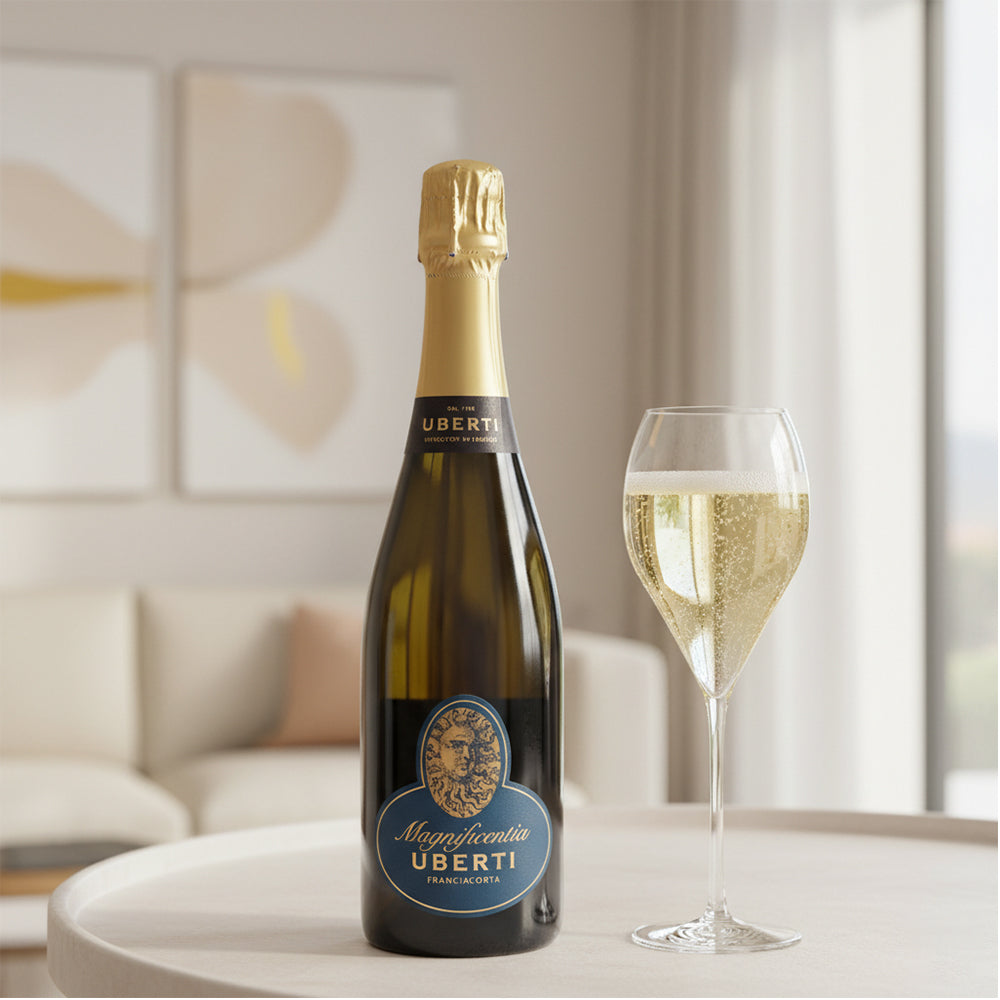 Botella de vino espumoso con etiqueta azul Magnificientia Uberti junto a una copa de champán, en ambiente luminoso y moderno.