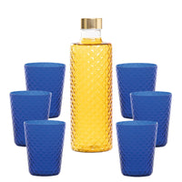 Botella de vidrio transparente con tapón dorado y líquido amarillo, rodeada de seis copas azules con textura de rombos.