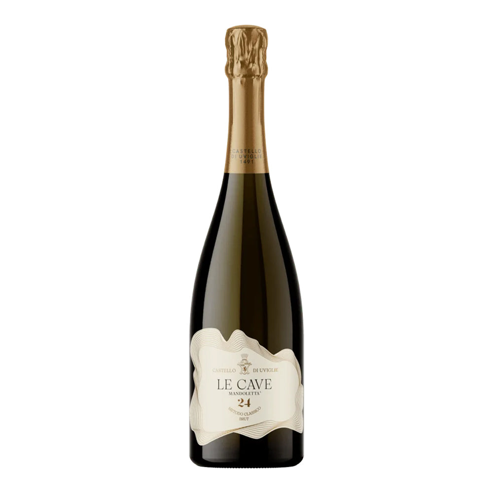 bottiglia di spumante con etichetta bianca e dorata, tappo dorato, vino metodo classico brut con scritta Le Cave Mandoletto, sfondo bianco