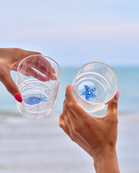 Twee transparante glazen met interne marinedecoraties, een blauwe zeester en een lichtblauwe vis, vastgehouden door handen voor de zee.