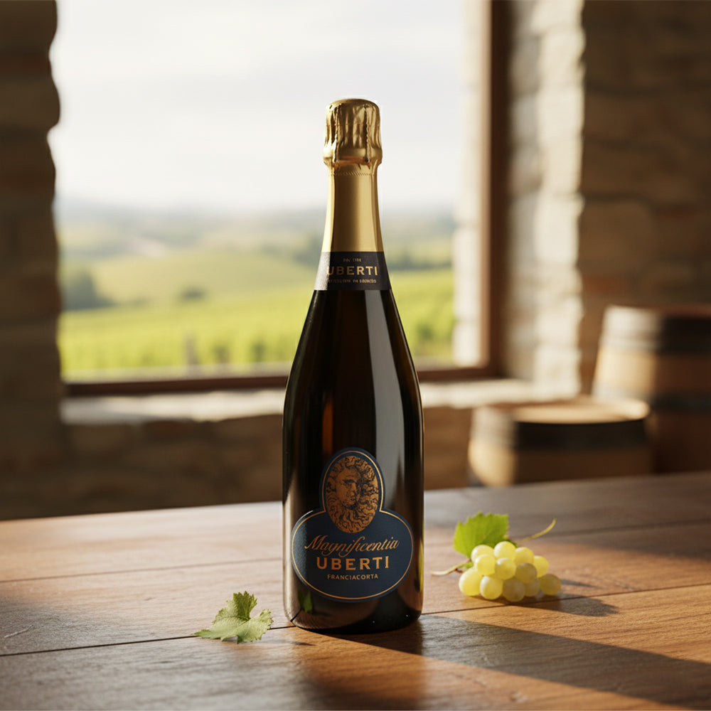 Bottiglia di vino spumante scuro con etichetta blu e oro "Magnificentia Uberti Franciacorta" su tavolo di legno con grappolo d'uva bianca, sfondo