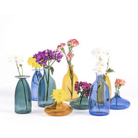 Vasi di vetro colorati trasparenti verdi, blu e arancioni con fiori gialli, bianchi, rossi e violetti su sfondo bianco.