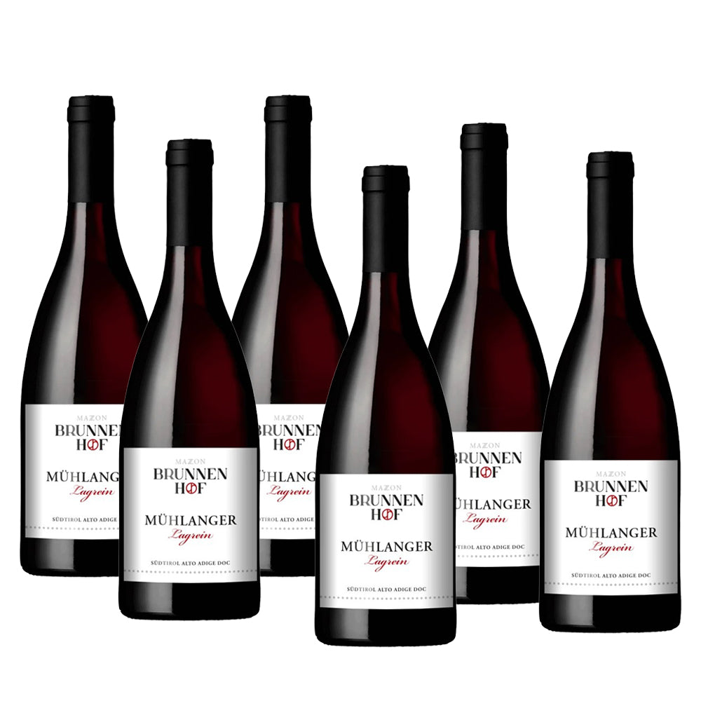 Seis botellas de vino tinto, etiquetadas "Brunnen Hof", alineadas, con tonos oscuros y etiqueta blanca.