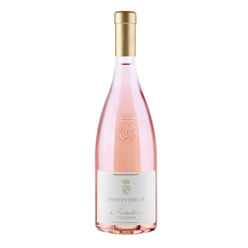 Transparent pink glass bottle with golden cap, light label with "Conti Thun Micaslus Valtènesi" lettering and embossed crest.