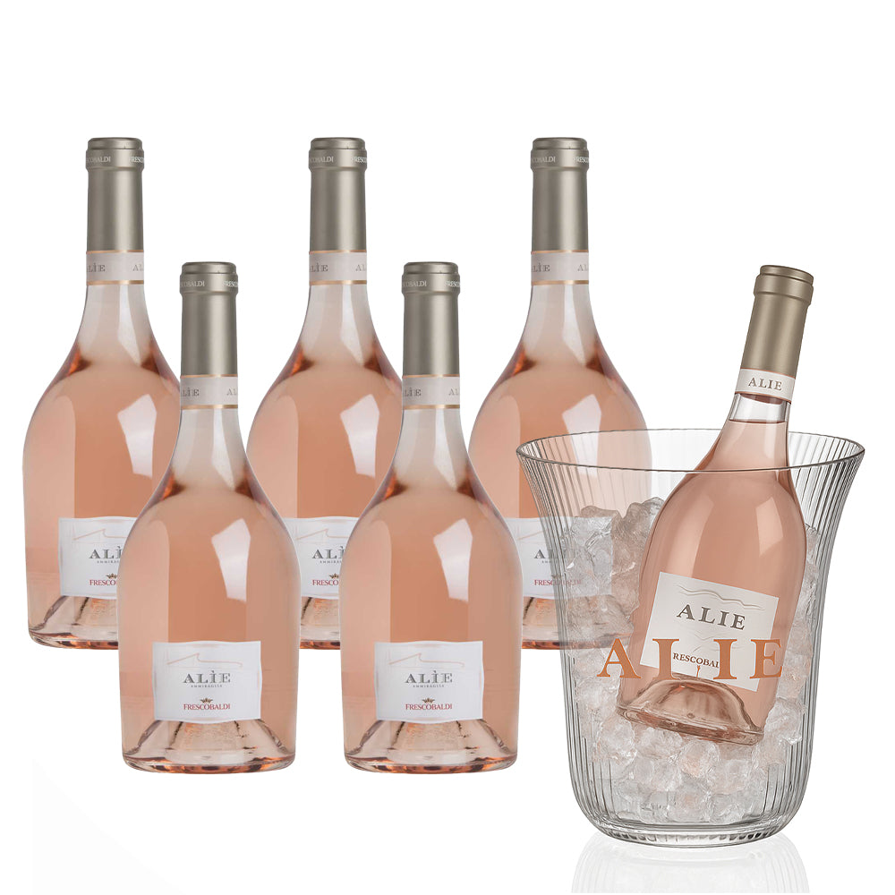 seis botellas de vino rosado con etiqueta blanca y Alìe Frescobaldi, una en cubitera transparente con hielo