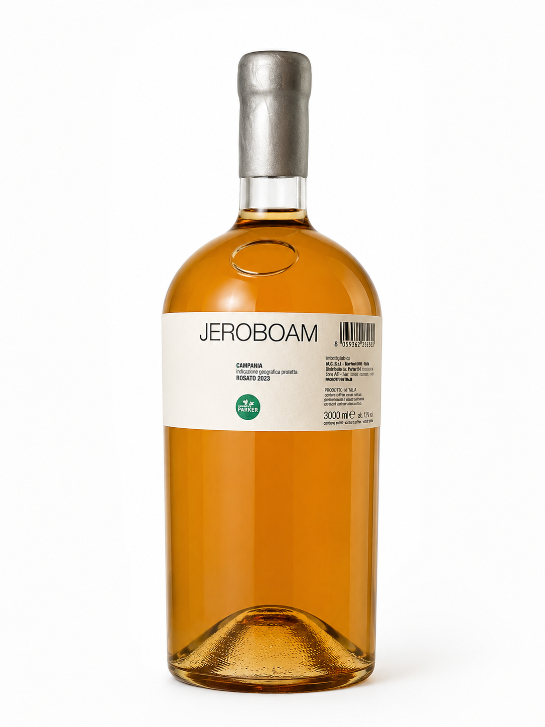 Botella de vino rosado de 3000 ml con etiqueta blanca, tapón metálico y líquido dorado en el interior.