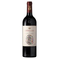 Botella de vino Ornellaia 2022, forma clásica, etiqueta beige con logo y diseño colorido, tapón rojo.