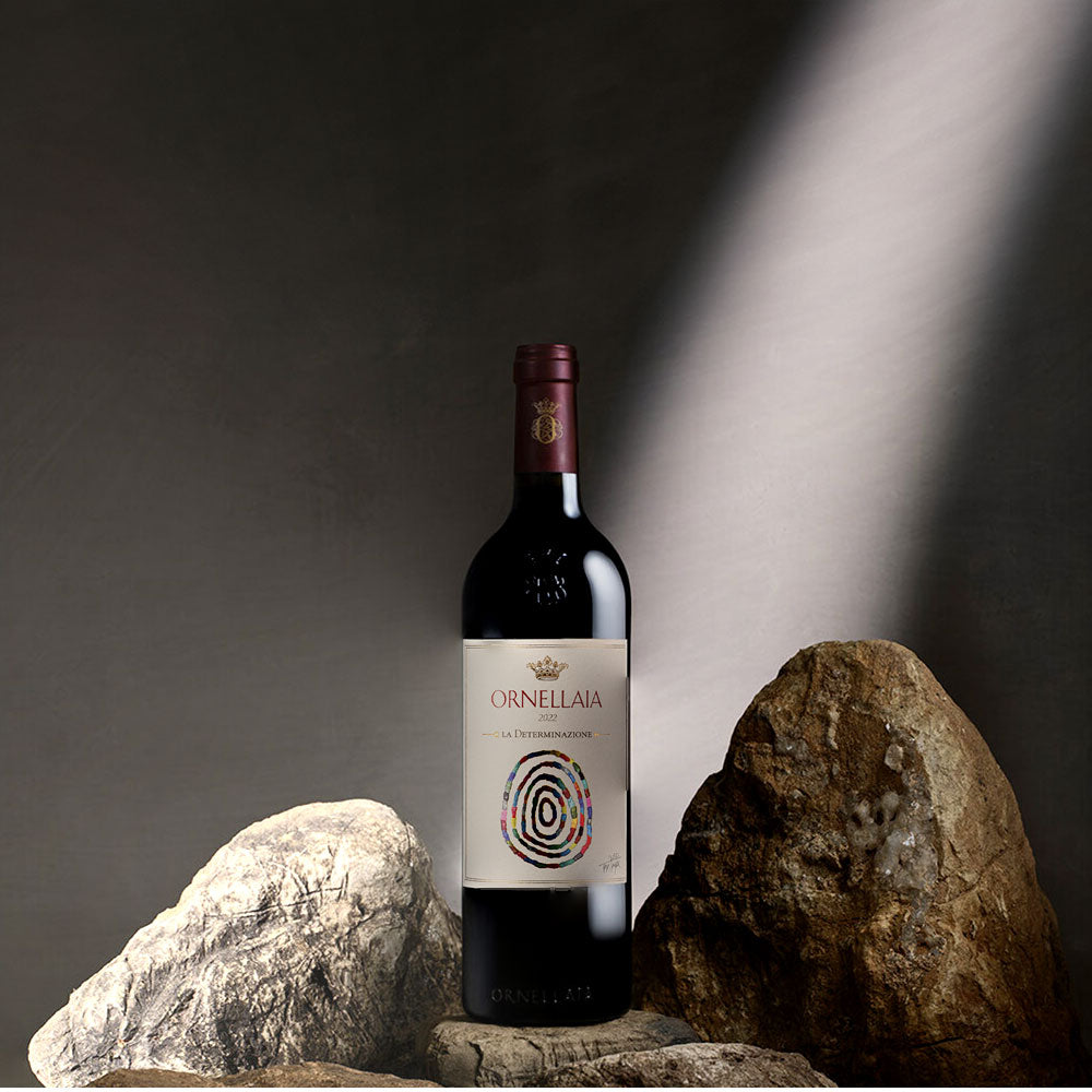 Botella de vino Ornellaia 2022 sobre un soporte de rocas, con etiqueta artística colorida y fondo gris.