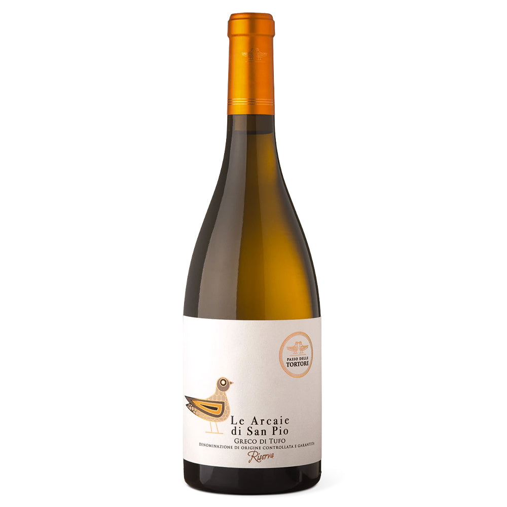 bottiglia di vino bianco Le Arcaie di San Pio Greco di Tufo con etichetta bianca, uccello stilizzato ocra e tappo arancione