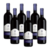Six red wine bottles with white and blue labels, arranged symmetrically, on neutral background.