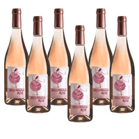 Sette bottiglie di vino rosato, etichetta "BELLEAMOUR ROSÉ" con illustrazione di una donna su sfondo rosa.