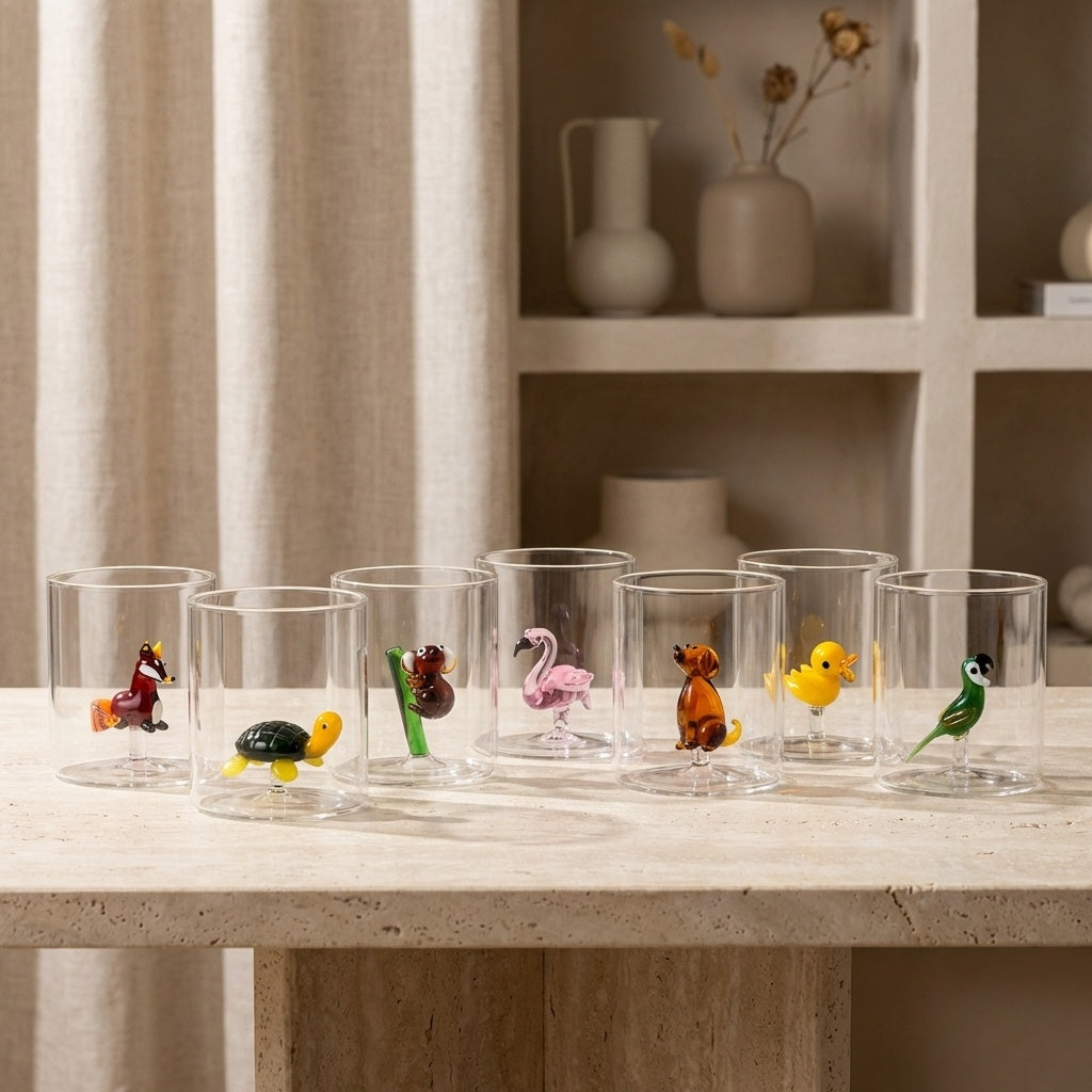 Sette bicchieri trasparenti con animali colorati in plastica all'interno, su un tavolo in pietra. Sfondi neutri e decorativi.