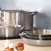 Set di pentole e padelle in acciaio inox lucido con coperchi e manici, collocate su piano cucina beige con sfondo grigio.
