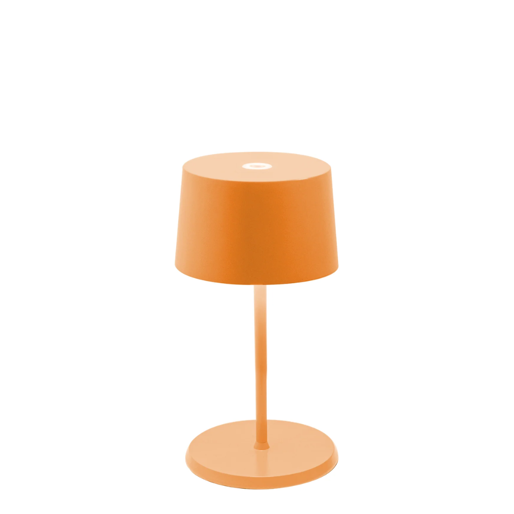 Matte orange table lamp with round base, slim stem and truncated conical shade, on white background