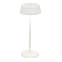Lampe de table blanche avec base ronde, tige fine et abat-jour cylindrique en matériau translucide, fond blanc