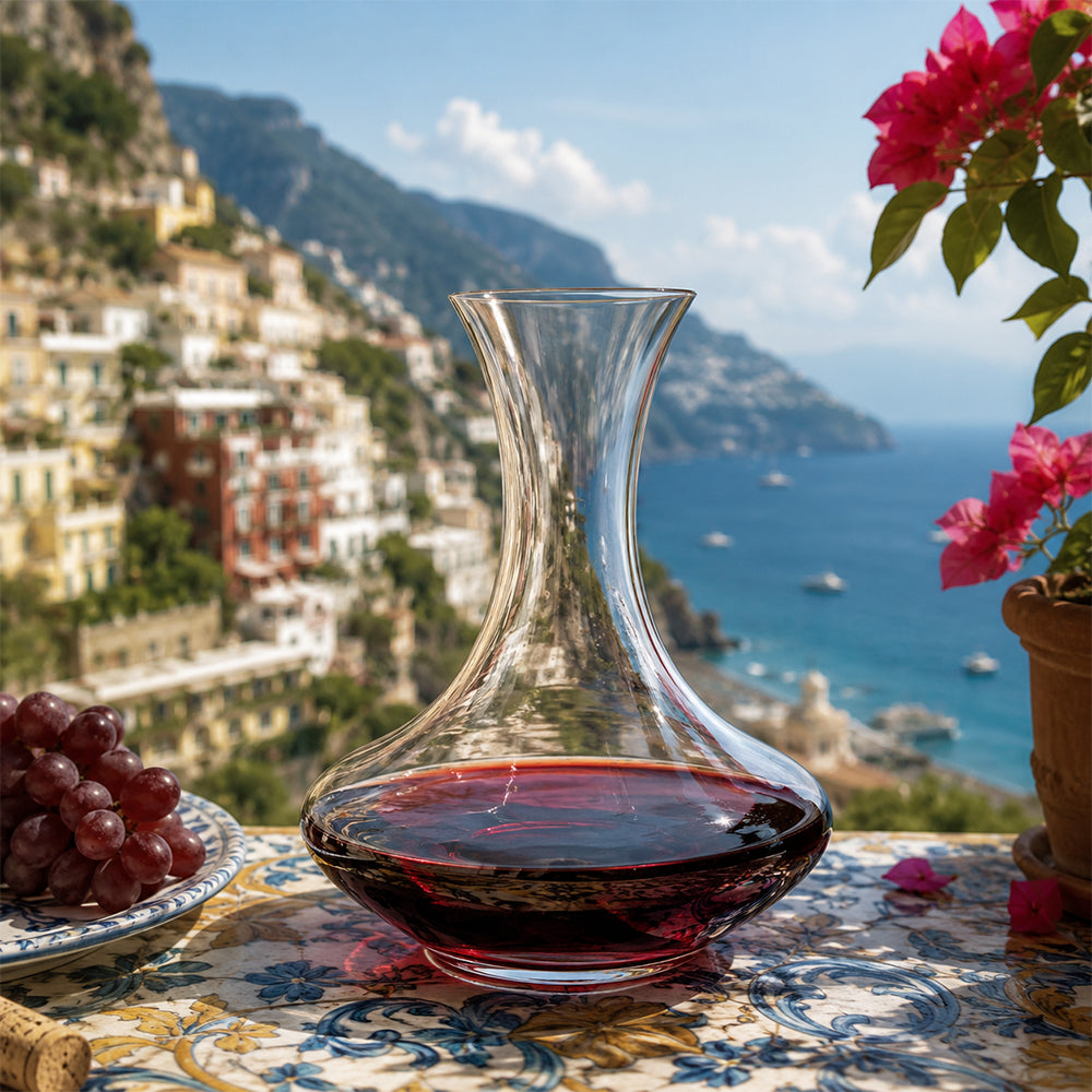Glass decanter for serving and oxygenating red wine