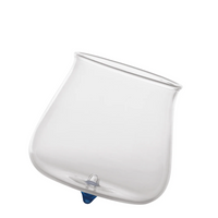 transparent glass container with blue conical base, rounded shape and top opening, on white background