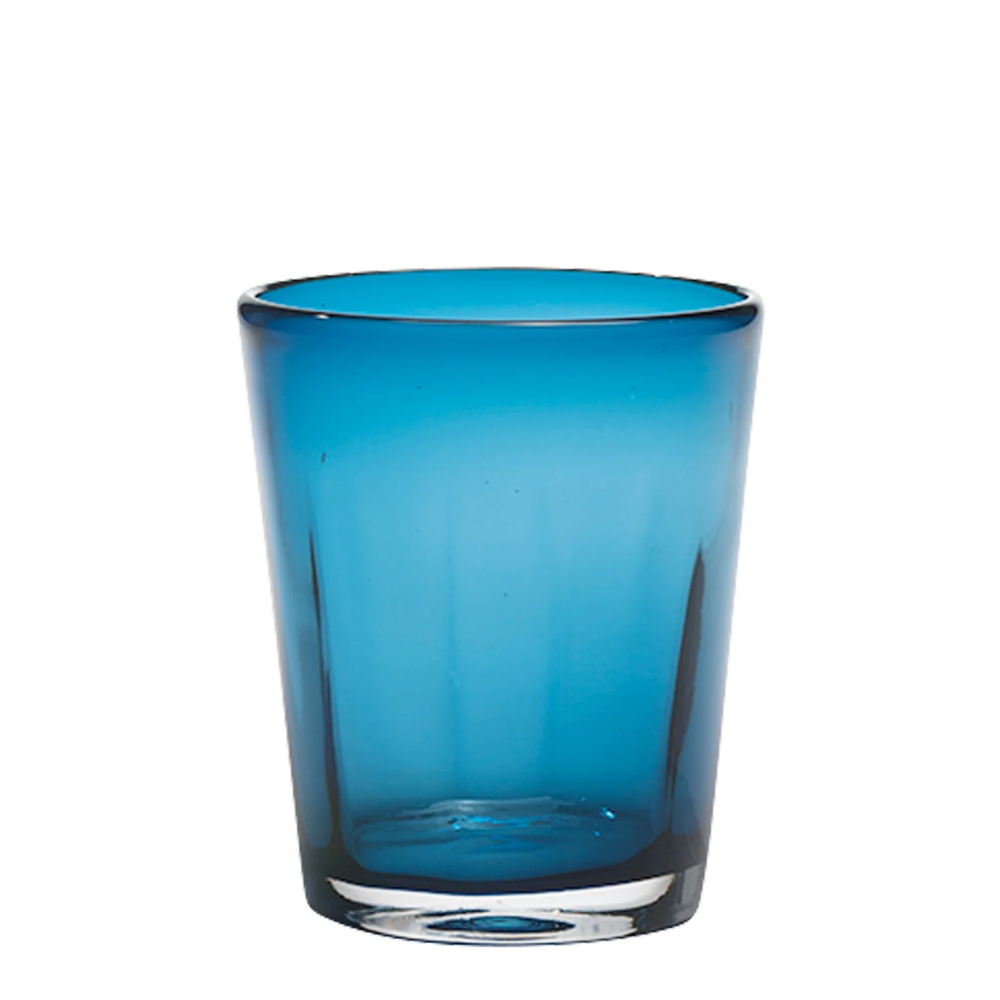 Transparent blue glass tumbler with thick base, slightly tapered cylindrical shape, white background