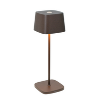 Dark brown metal table lamp with square base and square shade with rounded corners on white background