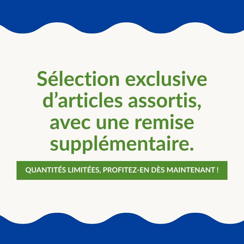 Testo verde su sfondo bianco con bordi blu ondulati con scritto "Sélection exclusive d’articles assortis, avec une remise supplémentaire. Quantités