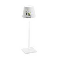 Lámpara de mesa blanca con pantalla con dibujo de Snoopy abrazando a Woodstock, estructura y base cuadradas en metal blanco.