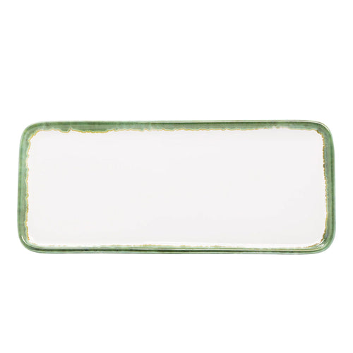 Vassoio rettangolare bianco con bordi verde chiaro e decorazioni dorate, superficie liscia e lucida.
