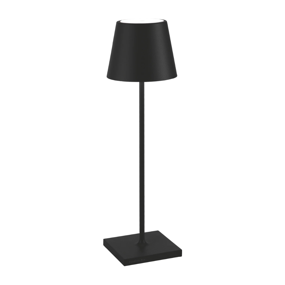 Black table lamp with conical shade, square base, slim structure, minimalist modern design