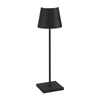 Black table lamp with conical shade, square base, slim structure, minimalist modern design