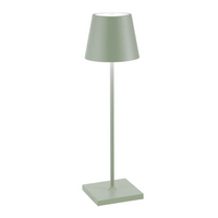 Sage green metal table lamp with conical shade and square base, modern minimalist design