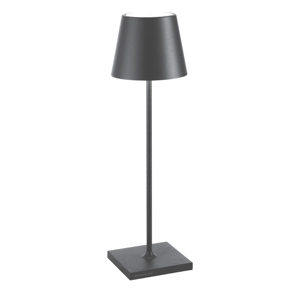 Matte gray metal table lamp with square base and conical shade, white background