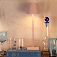 Pink table lamp with shade with transparent and blue glasses and carafe on blue book on wood surface against wall