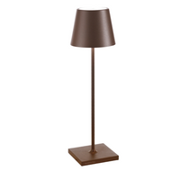 Bronze colored table lamp with square base, cylindrical stem and conical shade in matte metal
