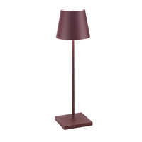 Table lamp with burgundy conical shade, square metal structure and base in matching color, white background