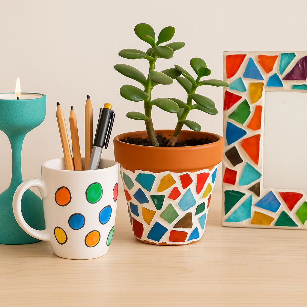 Vaso di terracotta decorato con mosaico colorato contenente pianta grassa, tazza bianca con palle colorate e