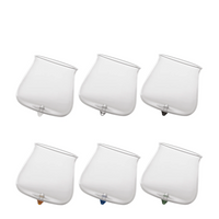 six transparent glass cups with slightly tilted base and feet in various colors on white background