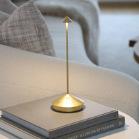 Modern minimalist design table lamp, gold conical shape, ultra-slim body on circular base, resting on two books