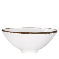 Ciotola bianca con bordo marrone, forma a cono rovesciato, ceramica lucida, ambientazione neutra.