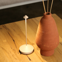 White table lamp in cylindrical and conical shape lit, and terracotta vase with sticks on a light wood surface