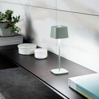 Matte sage green table lamp with square base and square shade, next to marble objects and plants on dark indoor shelf.