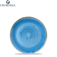 Sky blue ceramic round plate with beige rims and spiral decoration, white background, Churchill logo in