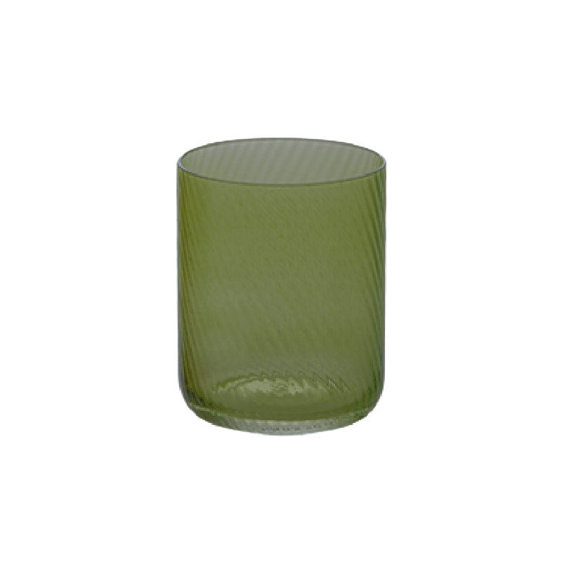 Vaso cilindrico color verde trasparente, con superficie ondulata e base solida.