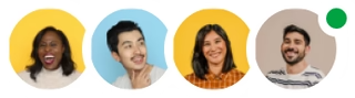 Quattro persone sorridenti in cerchi colorati su sfondo bianco, quattro volti diversi con espressioni felici.