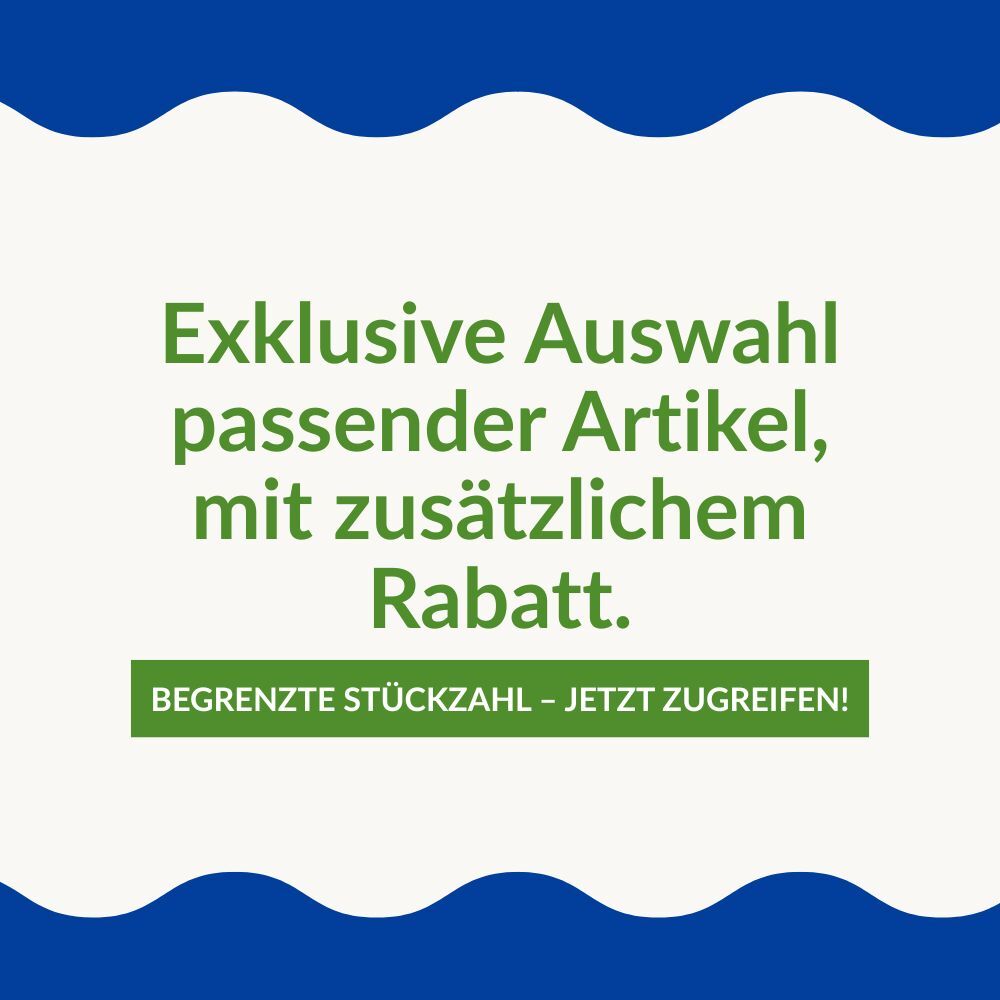 Testo verde su sfondo bianco con bordi ondulati blu, con scritta promozionale in tedesco su articoli esclusivi e sconto limitato.